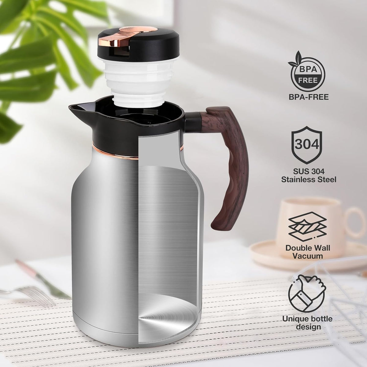 54oz Thermal Coffee Carafe, Stainless Steel Insulated Vacuum Carafe | BPA-Free, Double Wall Vacuum, Keeping Hot for 12 Hours, with Anti-Leakage, Non-Slip Base, Ergonomic Handle, Silver
