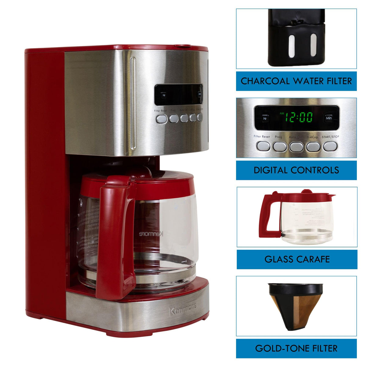 Koolatron Kenmore 12-Cup Coffee Maker, Glass Carafe, Cafetera Programable, Red
