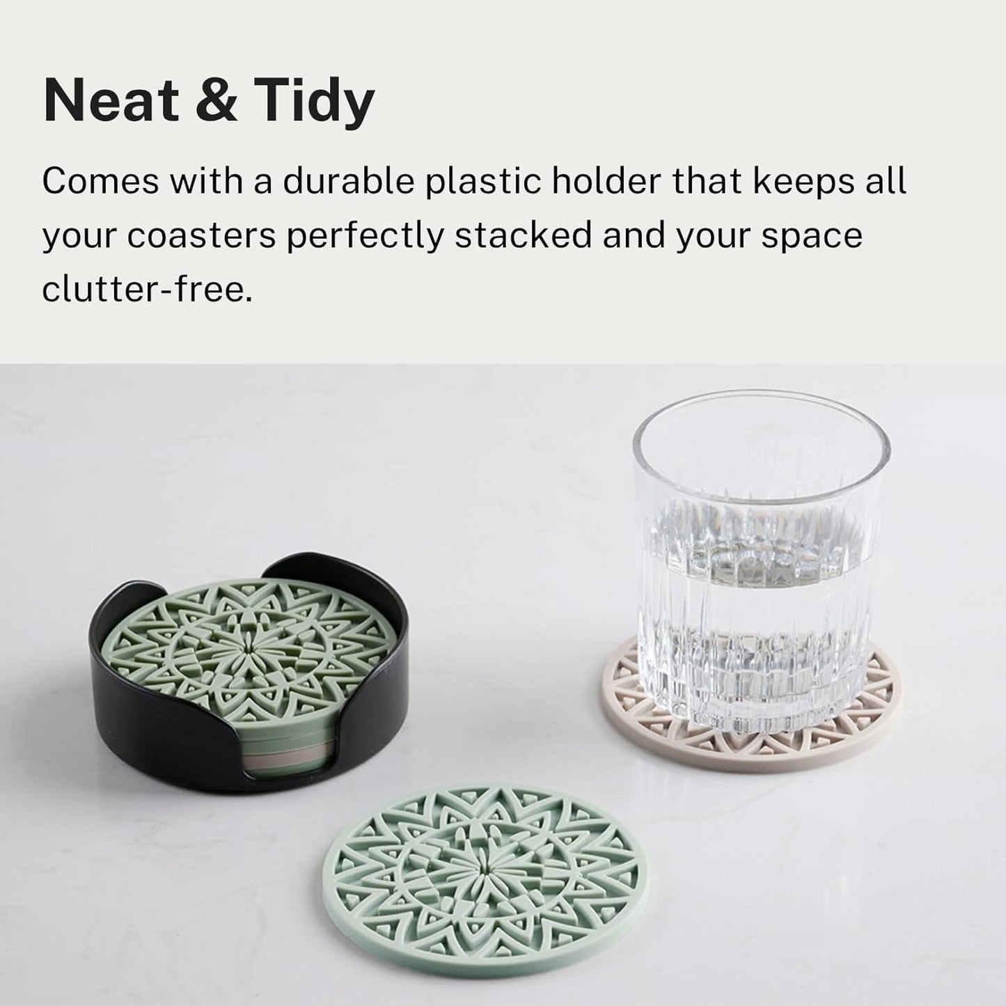 Set of 6 Navy Silicone Coasters with Holder, Drink Coasters with Tribal Pattern Shape- for Table Protection, Anti Slip, Nonstick, Heat Resistant, Deep Tray