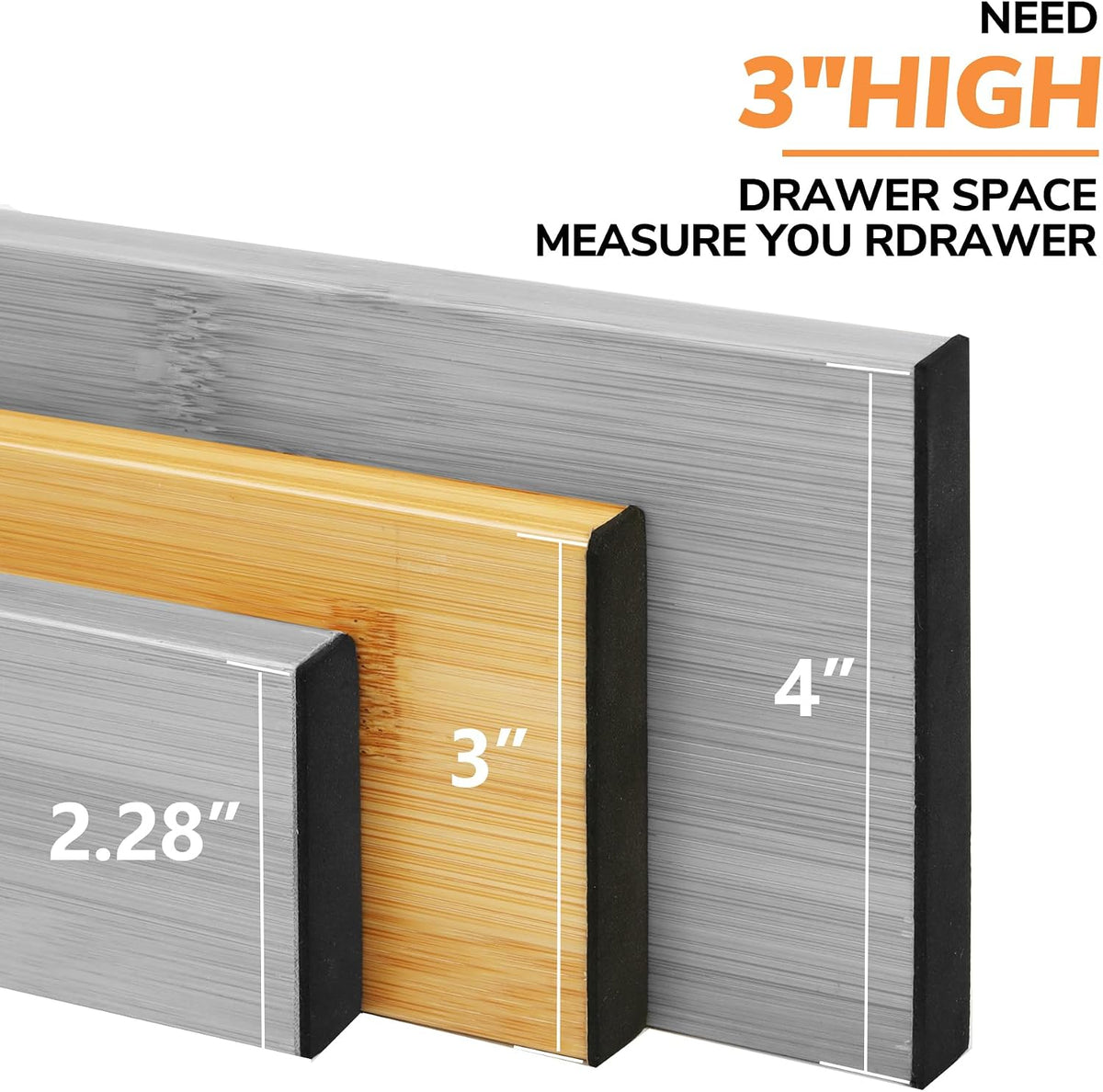 BAMEOS Bamboo Expandable Drawer Dividers – Fits 13.3"–19" Drawers, 3" Deep Walls, Set of 4 | Spring-Loaded Separator for Deep Kitchen &amp; Bathroom Drawers, Prevents Items Falling Over