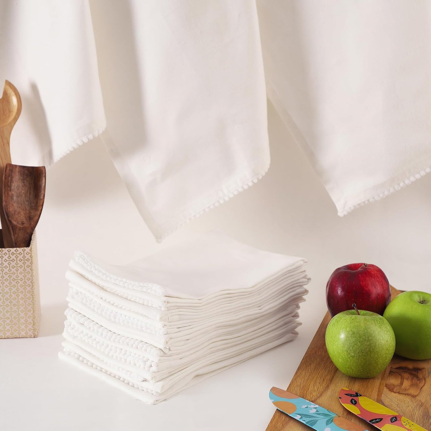 Kitchen Towels 100% Cotton Solid Kitchen Dish Cloths, Valentine Decor Hand Towel Reusuable Dish Towel for Cleaning &amp; Drying Tea Towels Set with Hanging Loop - 18"x 28", Pack of 6 - White