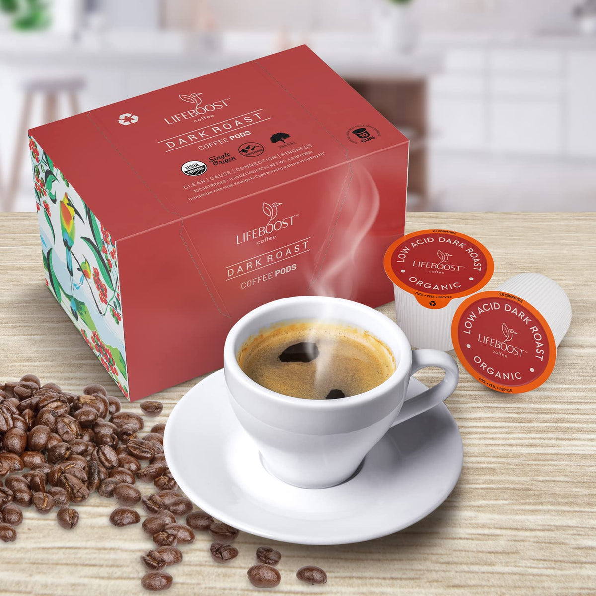 Lifeboost Dark Roast Low Acid Coffee K Cups - Single Origin Mold Free Non-GMO Organic Coffee Pods - Compatible with Keurig &amp; Keurig 2 Machines - 10 Count