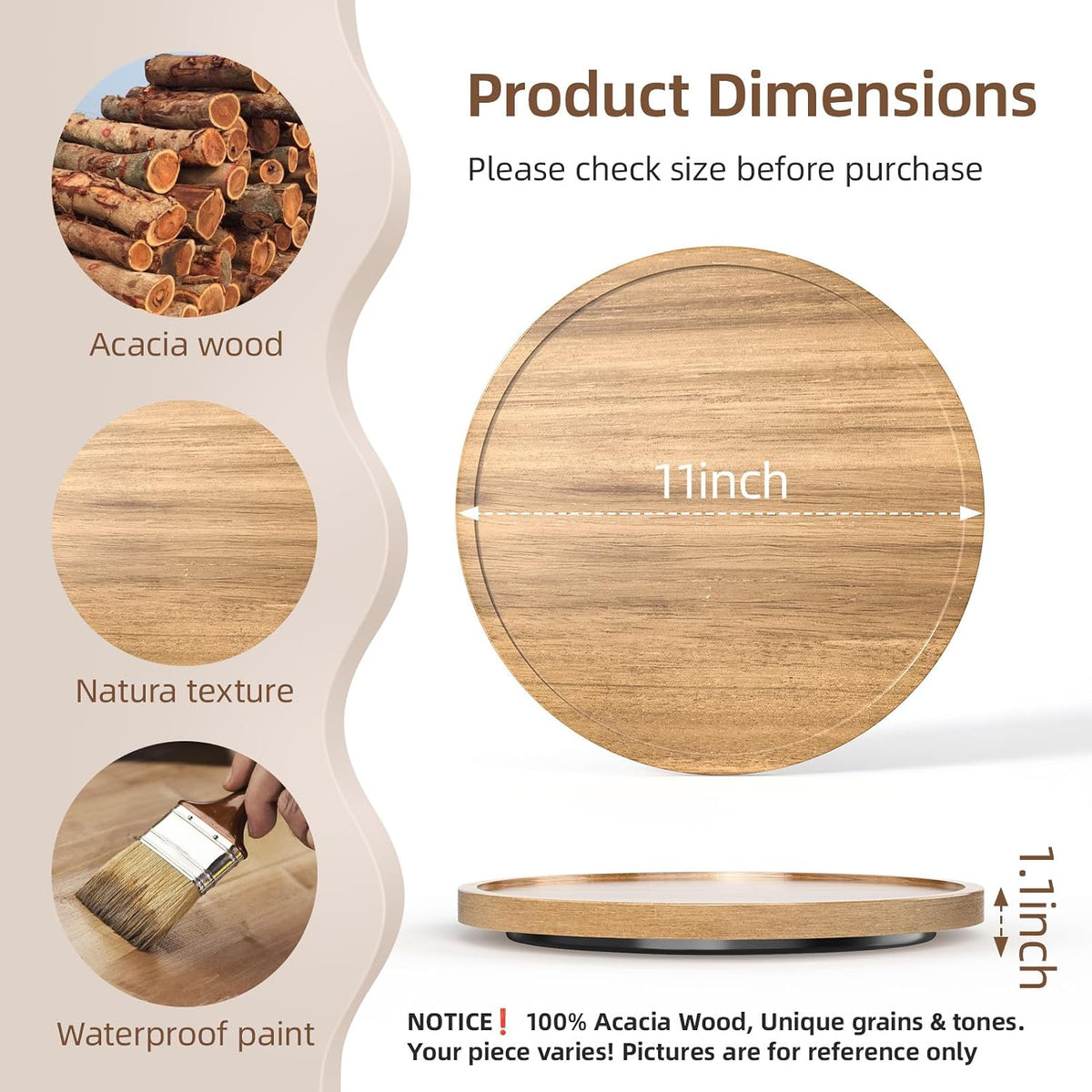LAMU 12'' Acacia Wood Lazy Susan Organizer for Table Top, Lazy Susan Turntable for Cabinet, Kitchen, Countertop, Pantry Organization