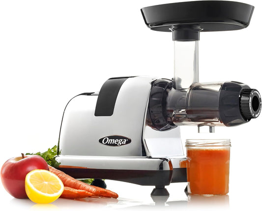 Omega Cold Press Juicer Machine, Vegetable and Fruit Juice Extractor and Nutrition System Makes Nut Milks Baby Food and Sorbets, Triple-Stage 80-RPM Slow Masticating Juicer, 200-Watts, Chrome