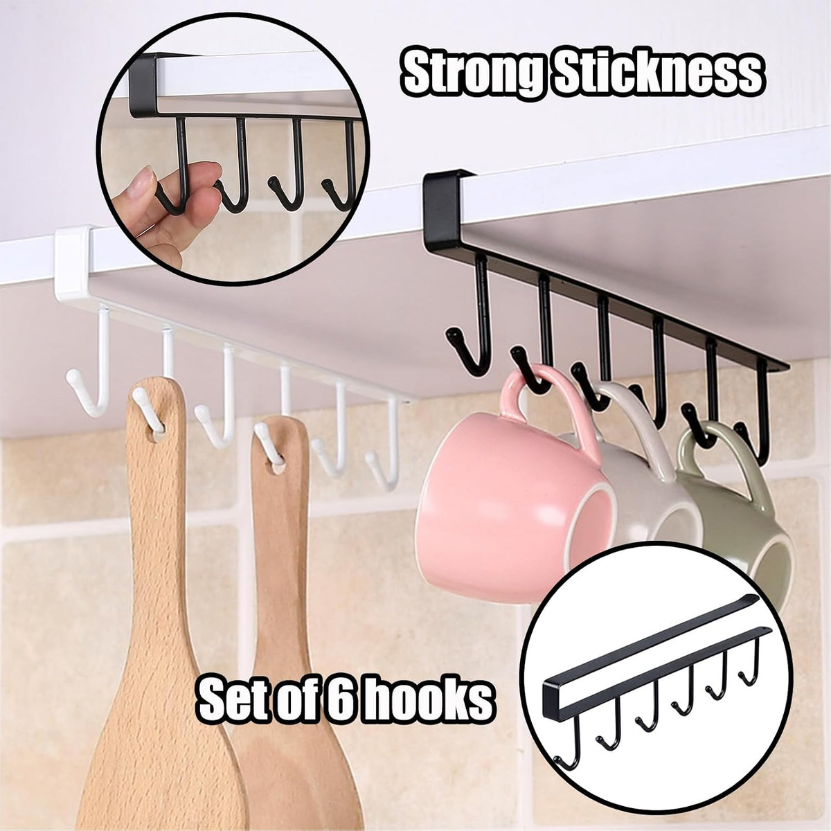 6PCS Mug Hooks Under Cabinet,Mug Holder Under Shelf with 6 Hooks