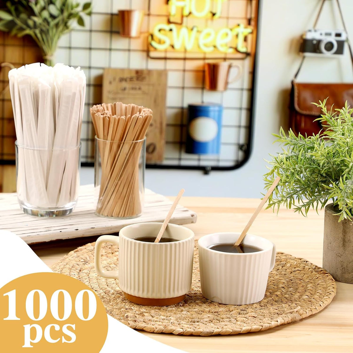 Amyhill 1000 Pcs Individually Wrapped Wooden Coffee Stirrers, 5.5 Inch | Disposable Coffee Stir Sticks, round End Sticks Bulk, Wood Stirrers for Cocktail Hot Drinks Restaurant Bar Home Office