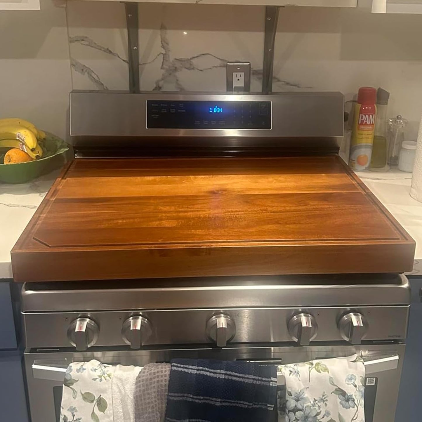 Acacia Stove Top Cover for Gas Burners &amp; Electric Stove, Noodle Board Stove Cover with Wavy Handles, Wooden Stovetop Cutting Board with Juice Grooves, Serving Tray 30"L x 22"W x 2.5"H