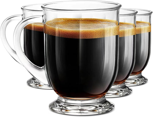 Glass Coffee Mugs Set of 4, 16 OZ Large Clear Glass Beer Cups with Handle,Striped Mug for Hot Beverages,Tea, Cappuccino,