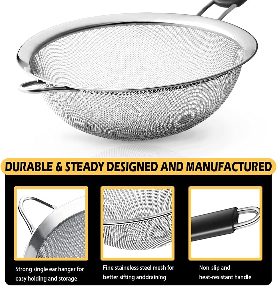 Stainless Steel Fine Mesh Strainers, Set of 3 Sizes Strainer for Kitchen, Wire Sieve with Insulated Handle Kitchen Strainer, Baking Tools Colander, Food Preparation, Flour Sifter, Rice, Pasta Strainer