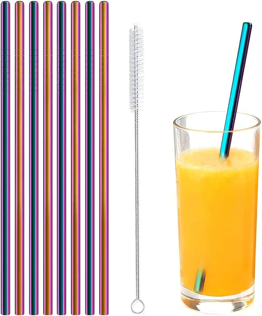 Stainless Steel Straws Metal Reusable Drinking Straw for Juice Iced Coffee Cold Beverage Highball Glasses 12/14/16/18oz Tumblers Mugs Cups, 0.24" Wide 8.5 Inch Long, Set of 8 with Brush, Colorful
