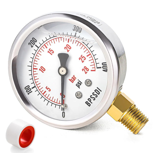 0-400 Psi Glycerin Liquid Filled Pressure Gauge, 2.5" Dial Size, 1/4" NPT Lower Mount, 304 Stainless Steel Case, for Pool
