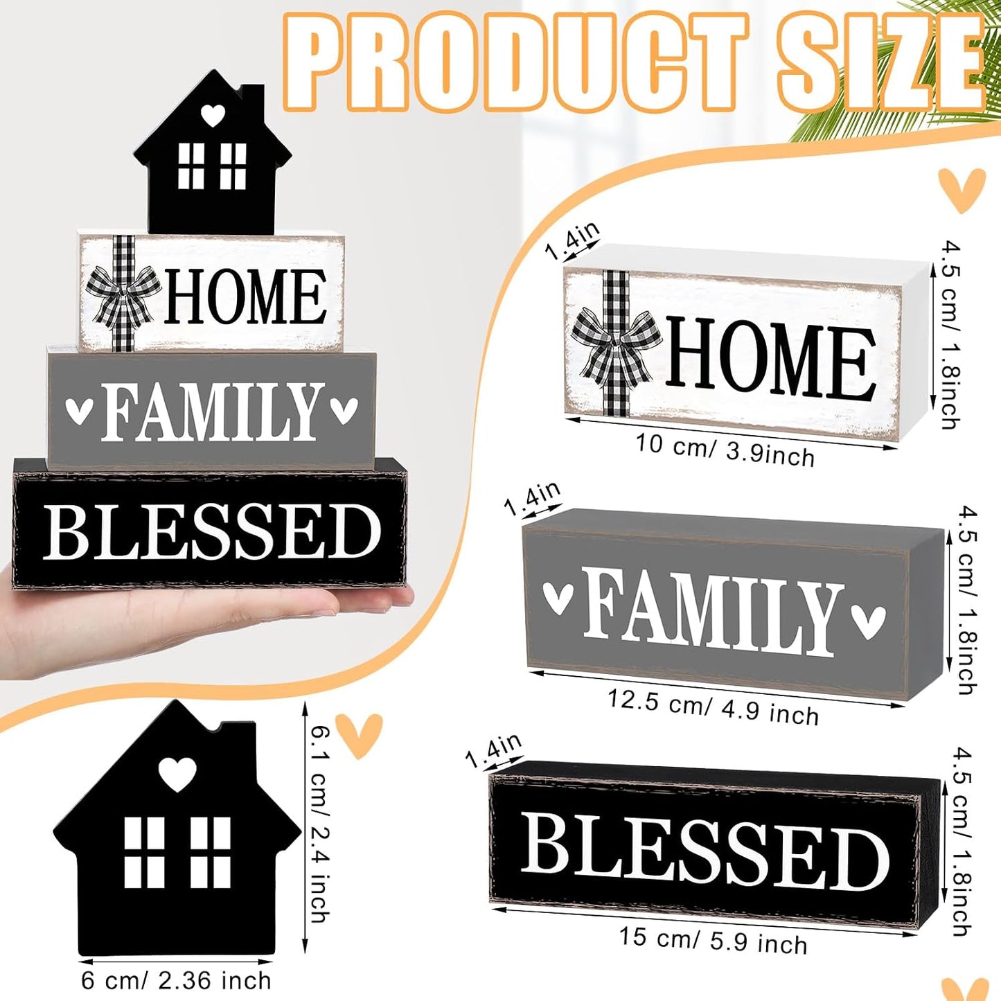 Cinnvoice 4 Pcs Farmhouse Table Decoration Rustic Sign Block,Blessed