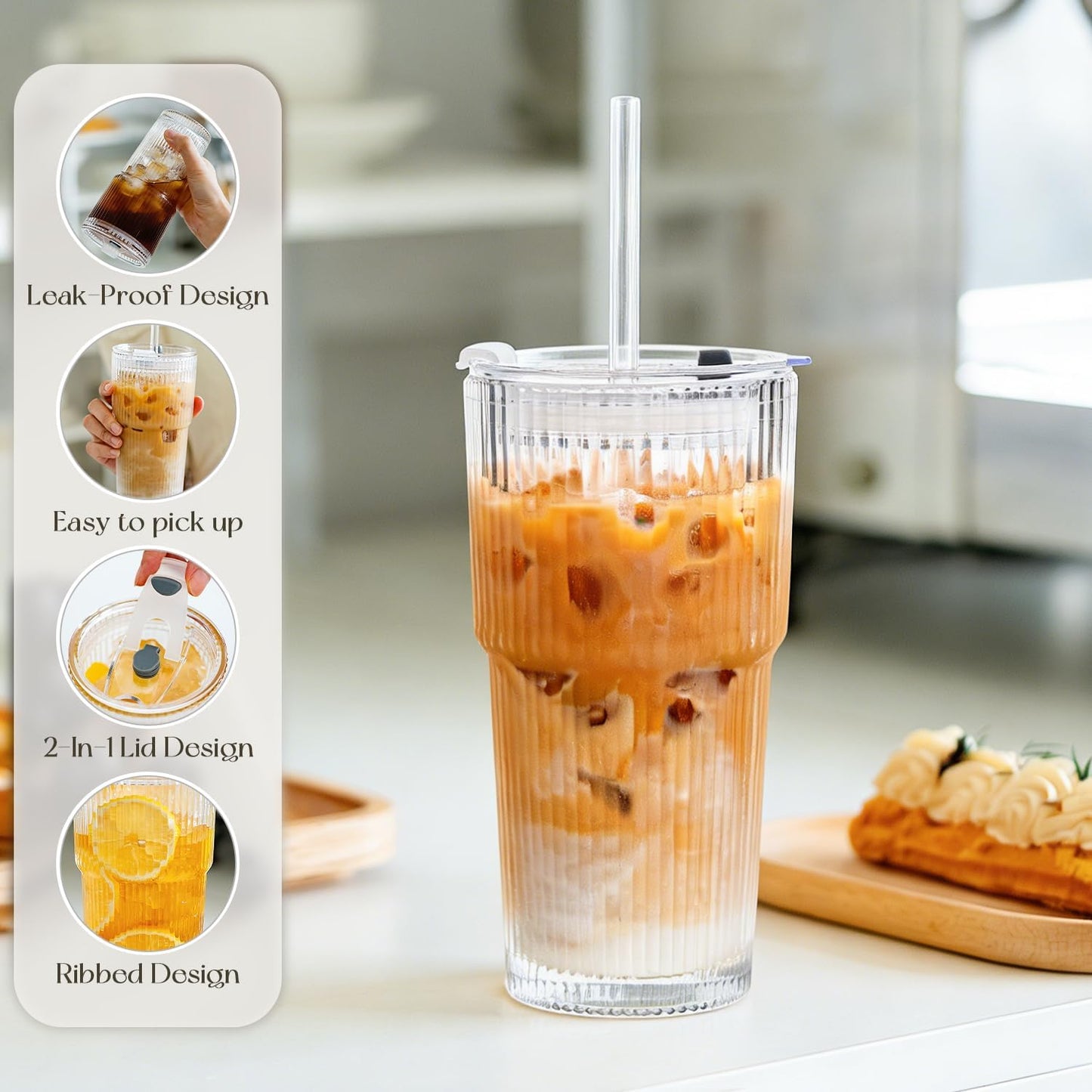 KEMORELA 20oz Ribbed Glass Tumblers with Lids and Straws,Iced Coffee Cups | Reusable thick-wall glass, Leak-Proof Lids, Fits Most Car Cup Holders, For Iced Coffee and Cold Drinks, With Cleaning Brush