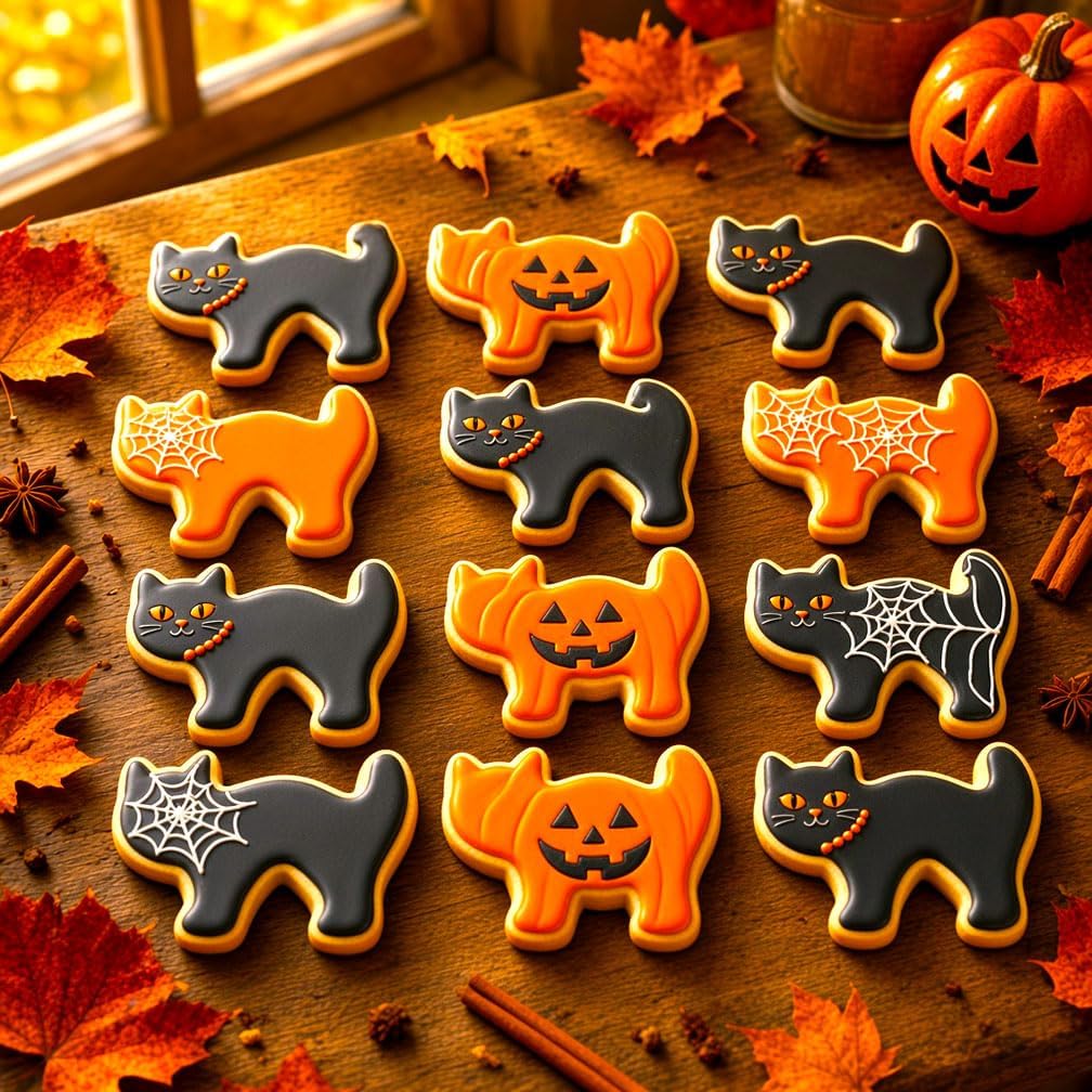 Halloween Cookie Cutters Set 7Pcs Large - Bat Pumpkin Magic Hat Cat Cookie Cutter, Sturdy Easy to Clean &amp; Demold Pancake Dough Molds for Halloween Baking