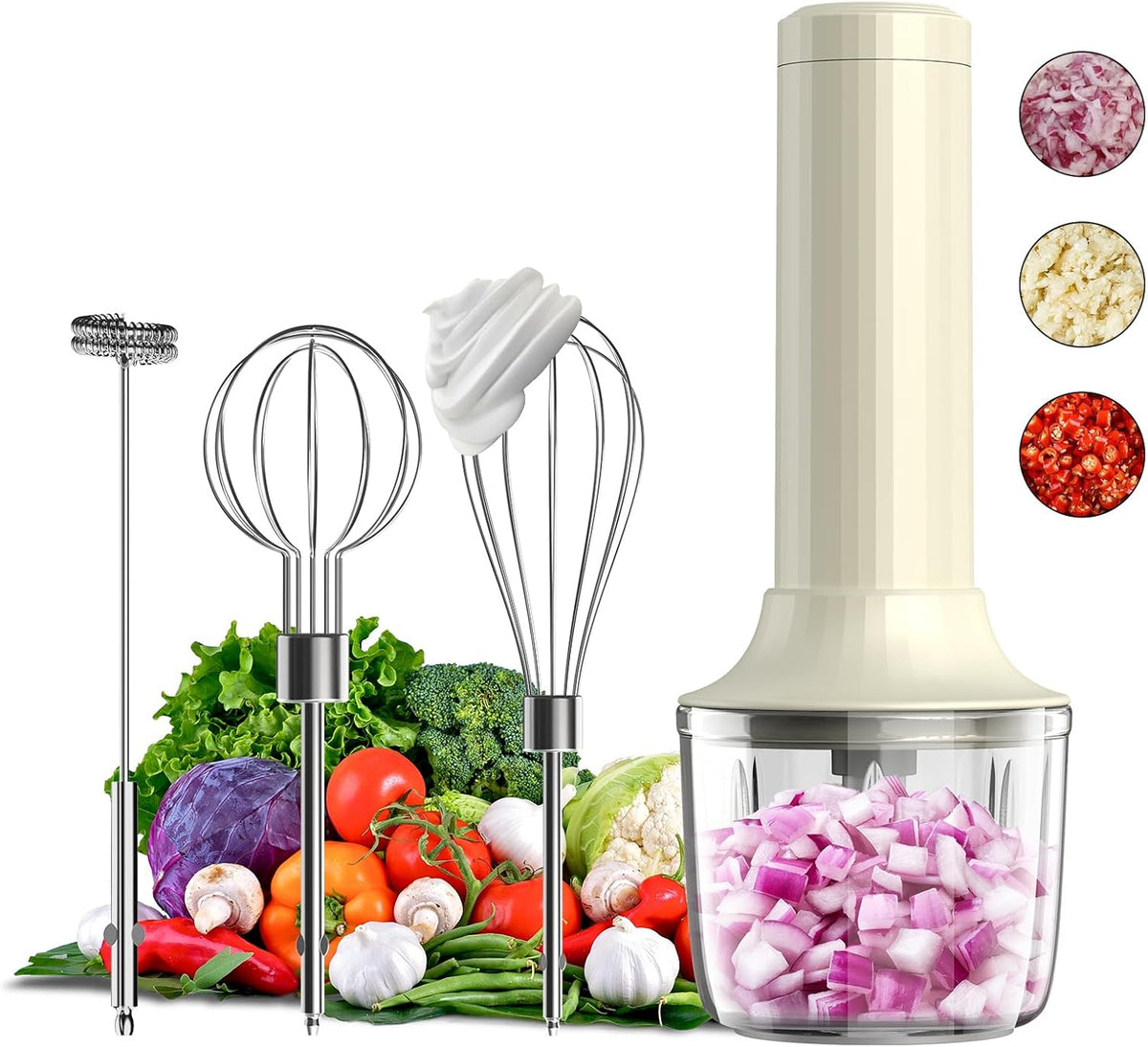 Cordless Hand Mixer MixgoII, Handheld Mixer Electric Whisk &amp; Milk Frother, Hand Held Mini Mixers, Rechargeable Hand Mixer and Whisker, Food Processor for Cooking, Food Chopper, 4-Speed, 10Oz