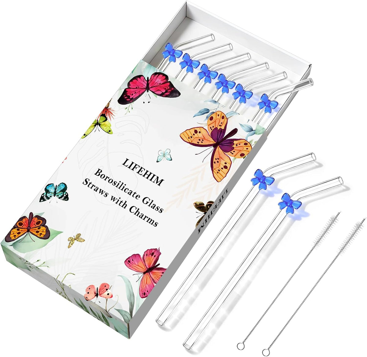8 Pack Blue Bow Glass Straws with Charms, 9inch 8mm Bent Borosilicate straw | Blue bow details bring a clean coastal-preppy accent to iced coffee and brunch, drinking straws for a calm, coordinated setup