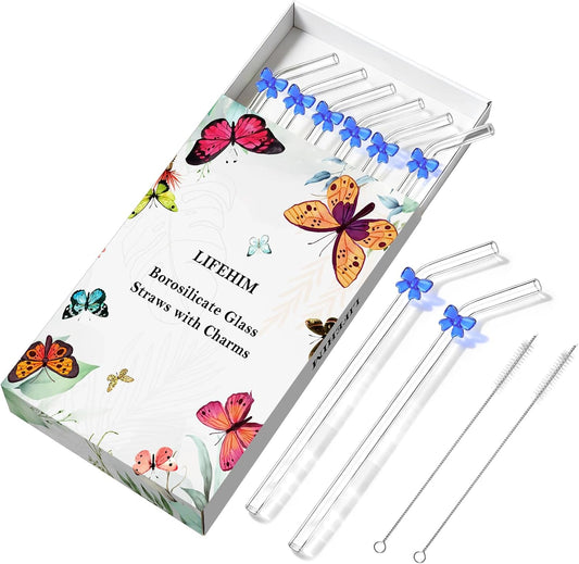 8 Pack Blue Bow Glass Straws with Charms, 9inch 8mm Bent Borosilicate straw | Blue bow details bring a clean coastal-preppy accent to iced coffee and brunch, drinking straws for a calm, coordinated setup