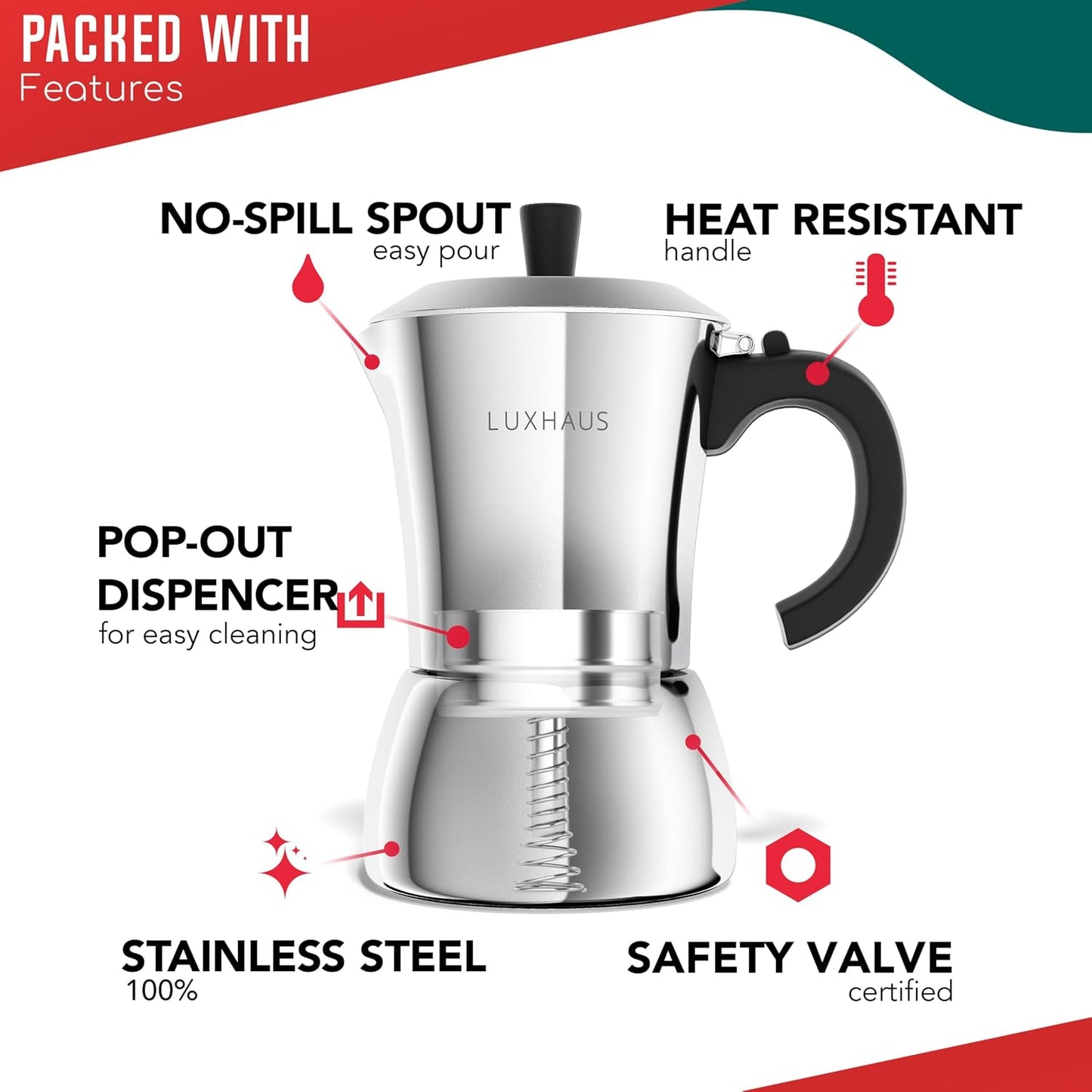 LuxHaus 6 Cup Moka Pot (2oz each cup - 12oz total) Stovetop Espresso Maker - Stainless Steel Italian and Cuban Mocha Coffee Maker