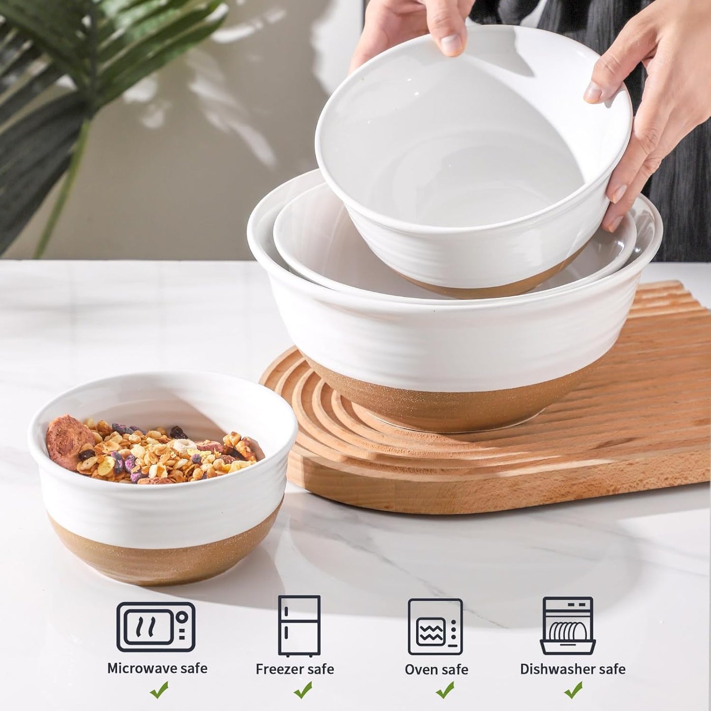 Hasense Mixing Bowls Set, 2.1/1.5/1.0/0.5 Qt Ceramic Nesting Bowls for Kitchen, Large Serving Bowls for Cooking, Prepping, Salad, Soup, Pasta, Classic White Serving Dishes for Thanksgiving, Set of 4