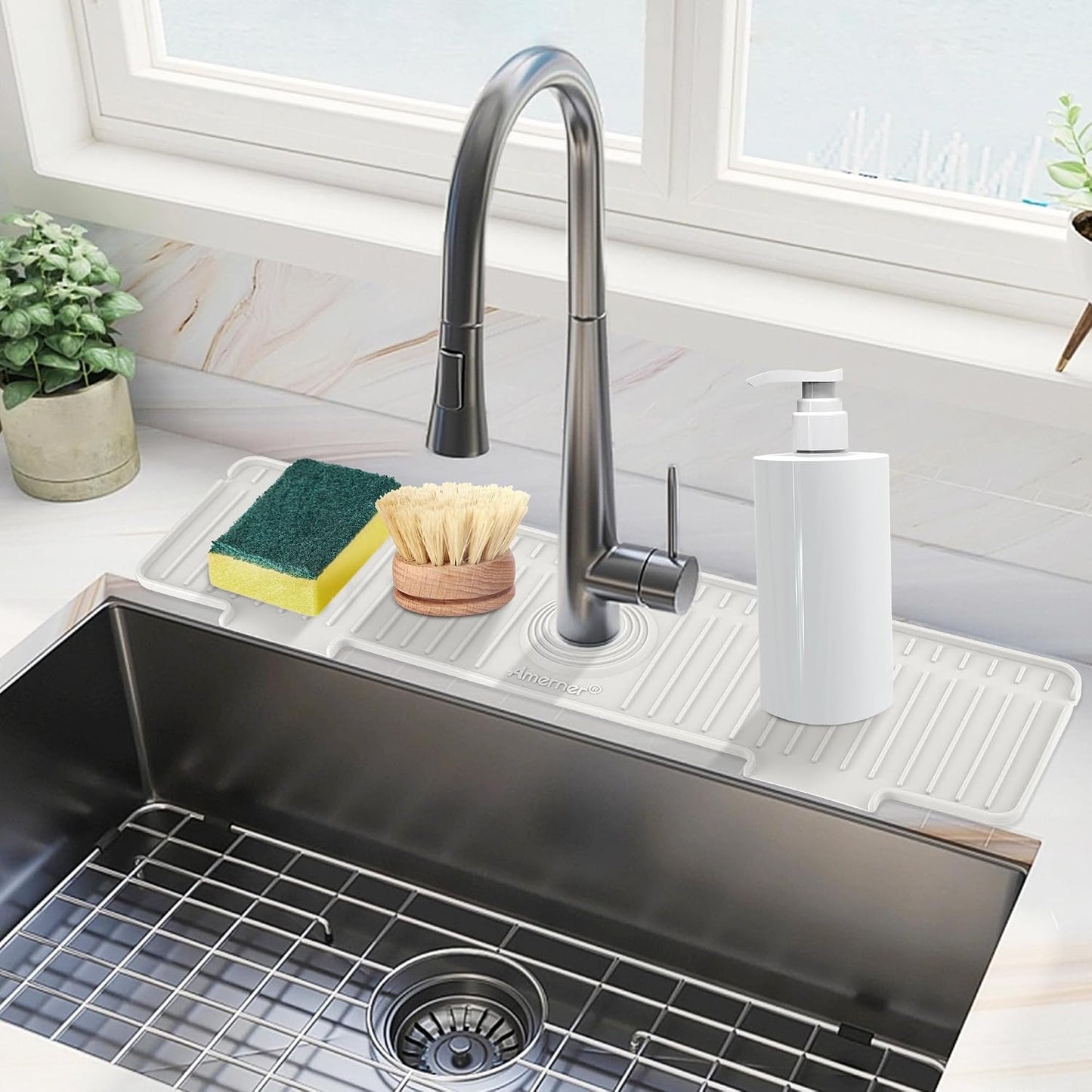 Kitchen Sink Splash Guard, 20IN Longer Silicone Faucet Guard &amp; Draining Mat, Bathroom and Kitchen Sink Organizer, Sink Faucet Mat Water Splash Guard Behind Faucet Accessories Gadget, 20” x 5.5”, White