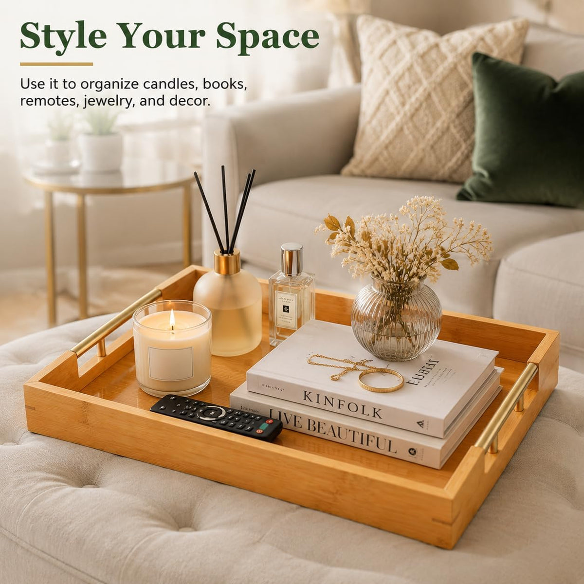 Bamboo Serving Tray, Wooden Tray with Gold Handles, 15L x10W x2H in | Deep Serving Tray, Decorative Tray, Rectangular Wood Tray, Coffee Table Tray, for Ottoman, Kitchen, Bedroom, Lap &amp; Couch