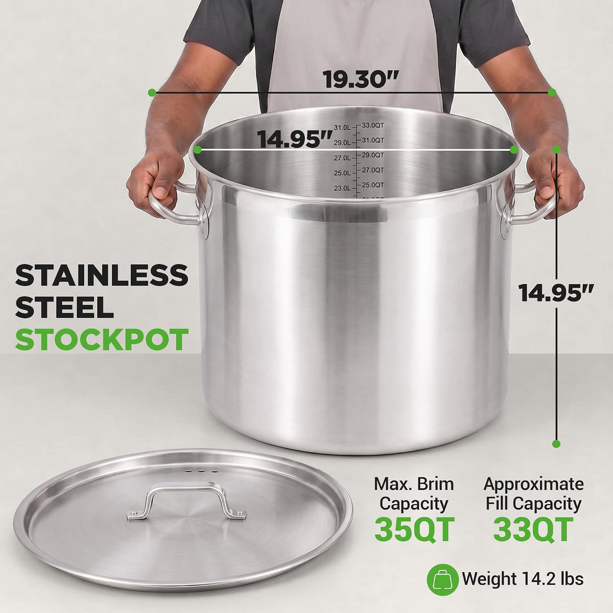 Nutrichef Stainless Steel Cookware Stockpot, 35 Quart Heavy Duty Induction Soup Pot With Stainless Steel Lid And Strong Riveted Handles, Even Heat Distribution, Compatible With Most Cooktops