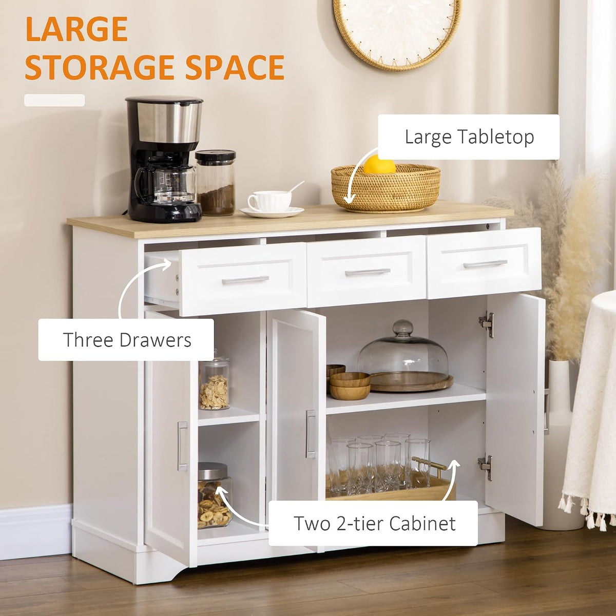 HOMCOM Sideboard Buffet Cabinet with 3 Storage Drawers White