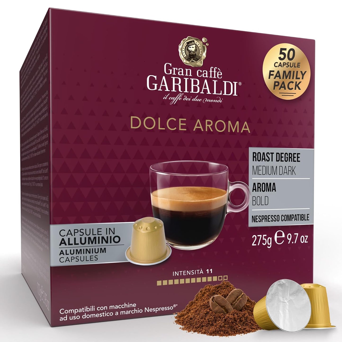 Gran Caffè Garibaldi Dolce Aroma Espresso Capsules Italian Roasted 50 Count | Italian Roasted Espresso Capsules With Full-Bodied Crema, Compatible With Nespresso Original Machines, Coffee Pods, 50 Count