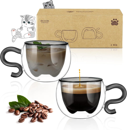 ecooe 4.4 Oz Black Cute Cat Double Wall Glasses Espresso Cups Set of 2, Demitasse Cups, Espresso Shots Coffee Cups Birthday