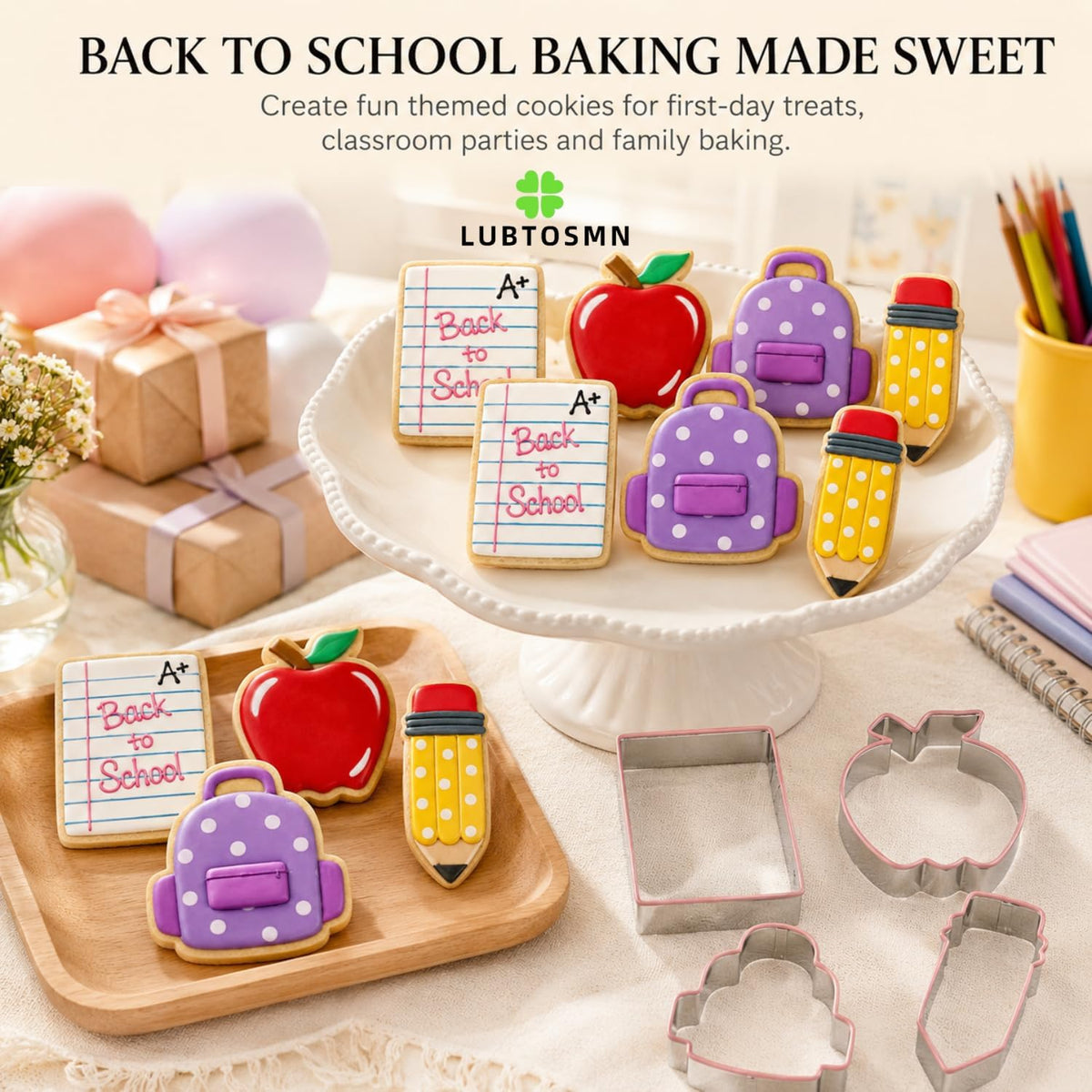 LUBTOSMN 4 Piece Back to School Cookie Cutters Set