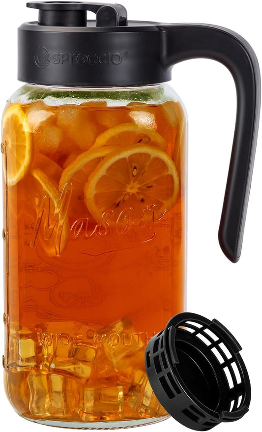 Mason Jar Pitcher with Tea Filter, Airtight & Leakproof Glass Pitcher with Lid, 64 oz Sun Tea Glass Jar for Outside, Perfect