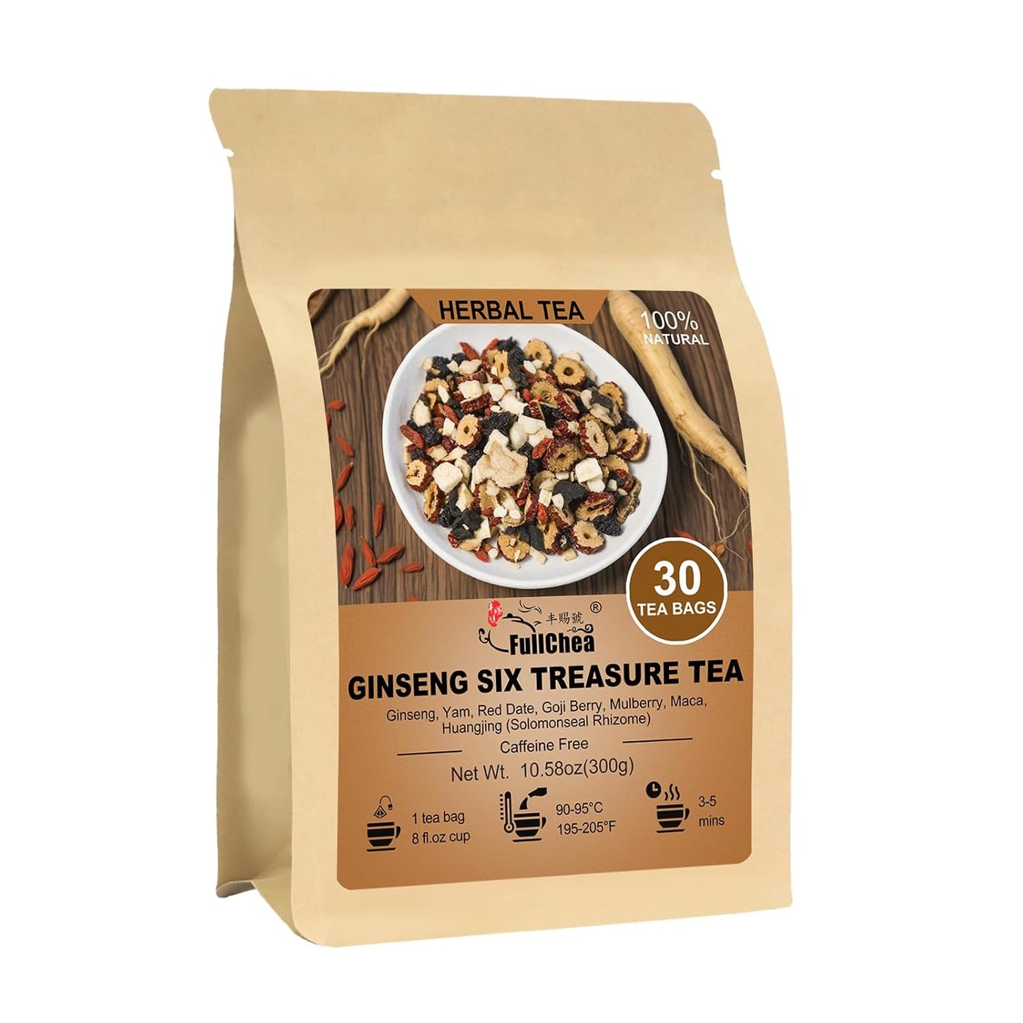 FullChea - Ginseng Six Treasure Tea Bags, 30 Ct, Traditional Herbal Blend | Traditional herbal blend with ginseng, goji berry. Supports daily wellness and gentle digestion. Caffeine-free, Non-GMO ﻿