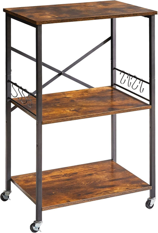 IBUYKE Kitchen Shelf Cart, 3-Tier Microwave Oven Stand, Baker’s Rack with Metal Frame and 8 Hooks, Industrial Printer Stand,