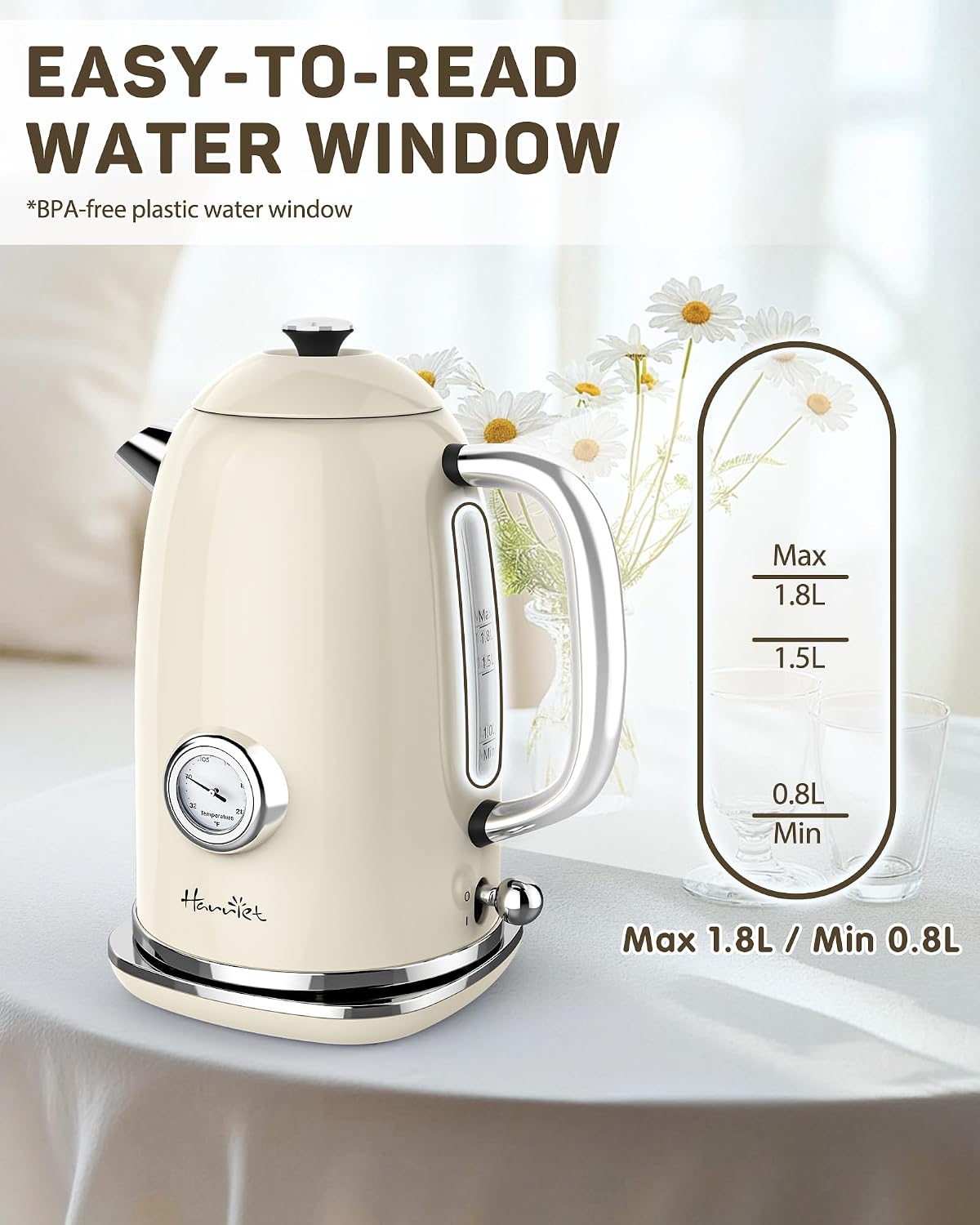 Harriet 61oz Electric Kettle with Thermometer, Retro Hot Water Boiler | 1500W Hot Water Kettle, Electric Tea Kettle for Boiling Water, LED Indicator, Auto Shut-Off &amp; Boil Dry Protection