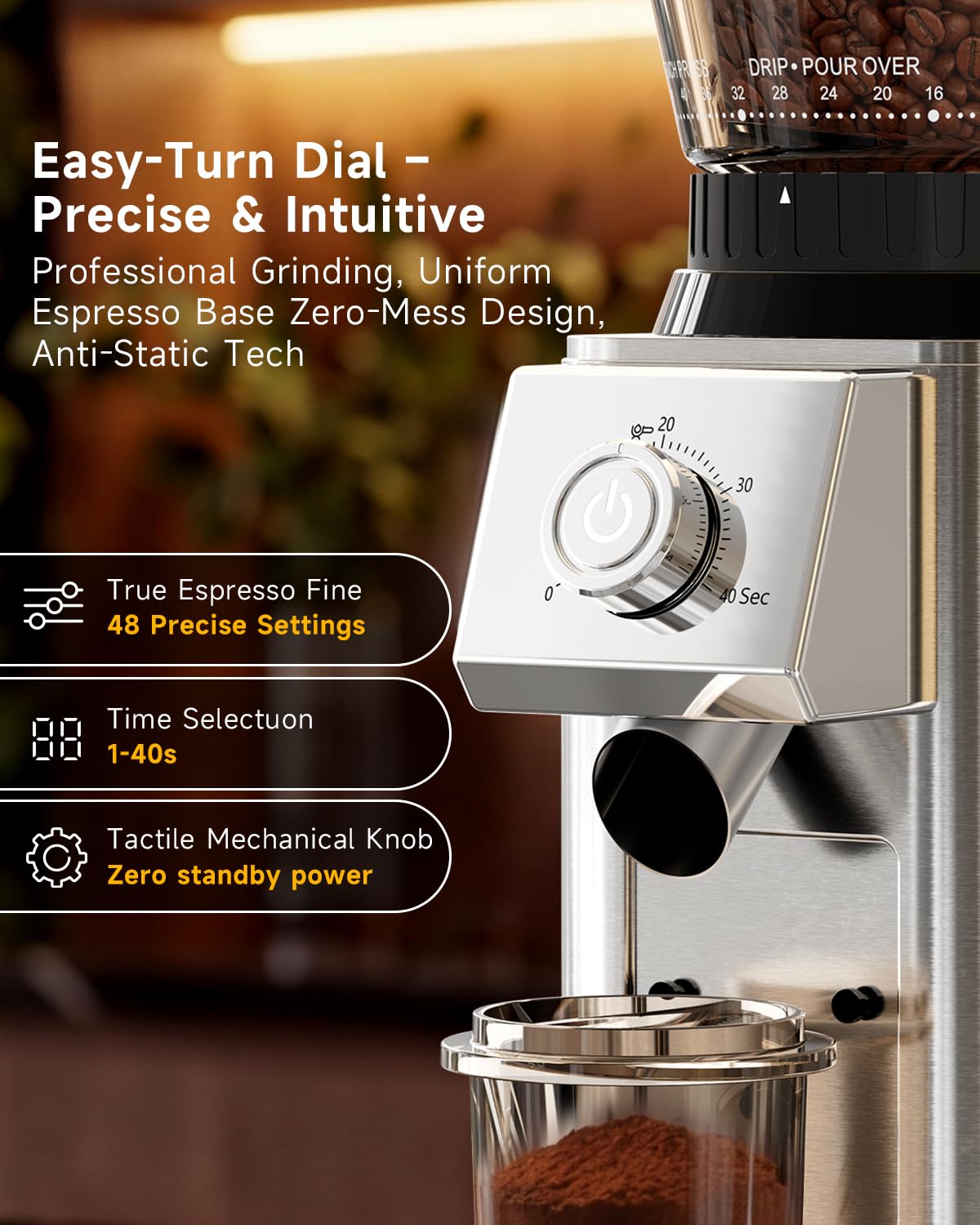 IAGREEA Coffee Grinder for Home Use, Conical Burr Espresso Grinder 48 Grind