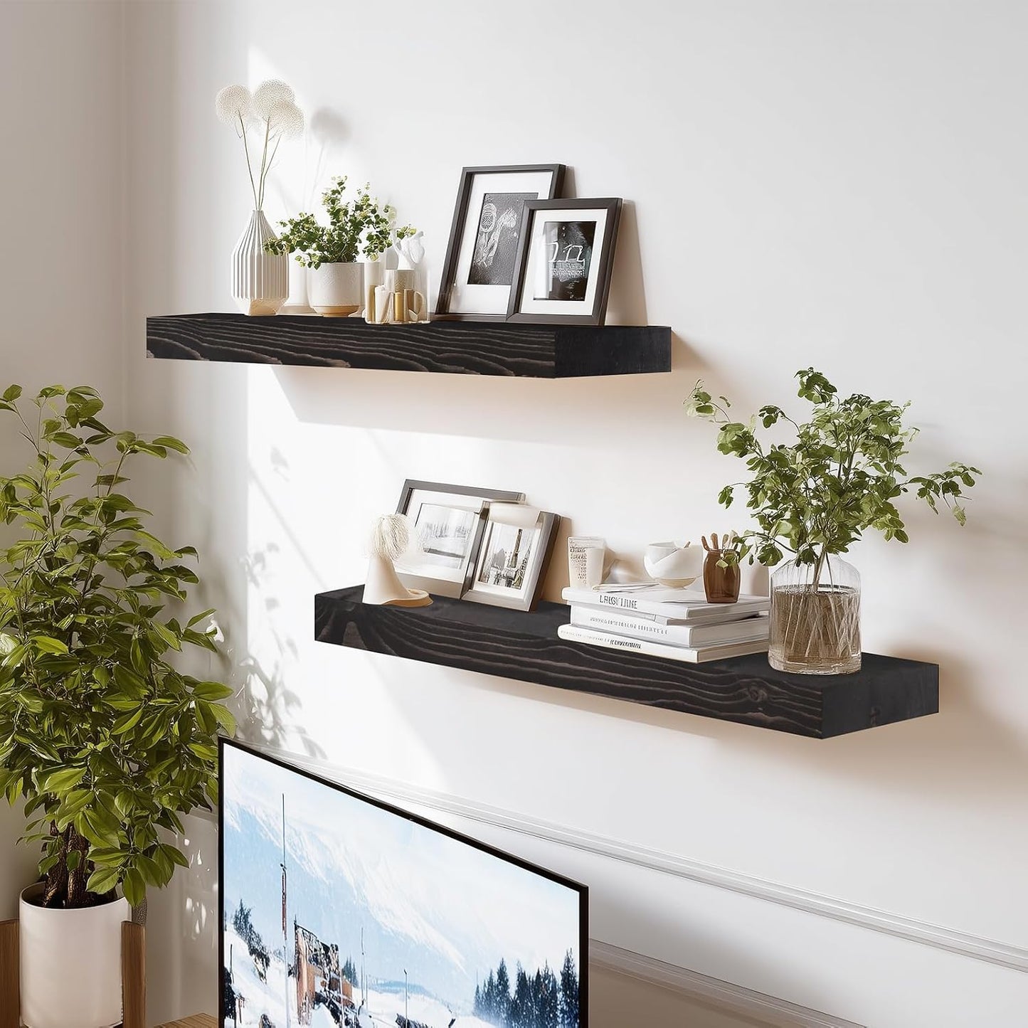 Solid Wood Floating Shelves, 24 Inch Wall Shelves, Set of 2, Black