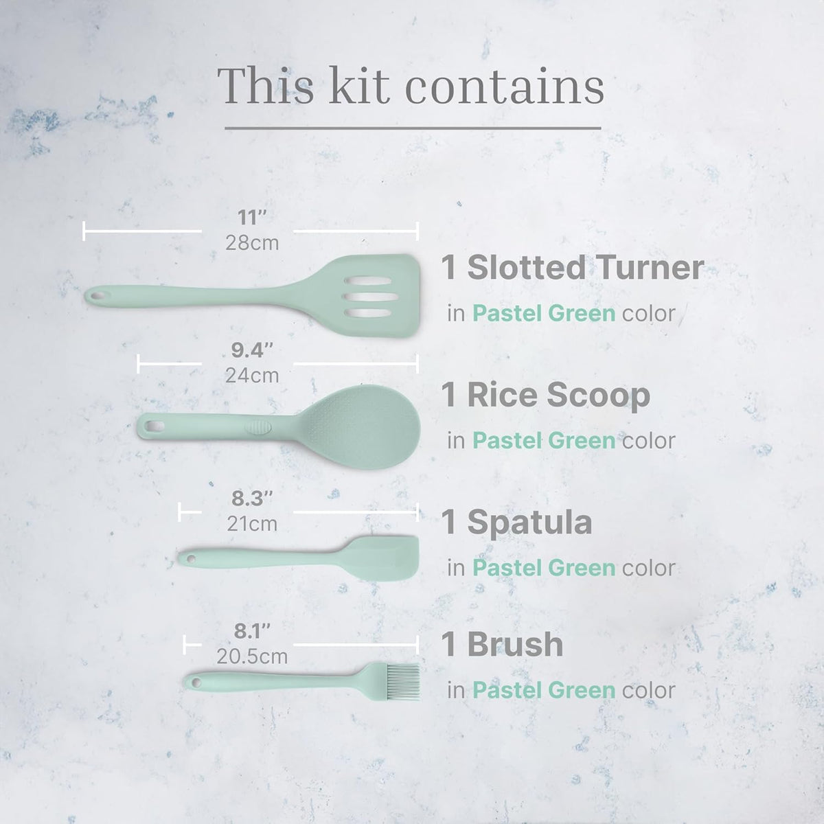Silicone Utensils 4-Piece Set – Rubber Spatula, Pastry Brush, Slotted Turner, and Rice Paddle – Complete Heat-Resistant Set for Non-Stick Cookware – Kitchen Tools for Cooking and Baking – Pastel Green