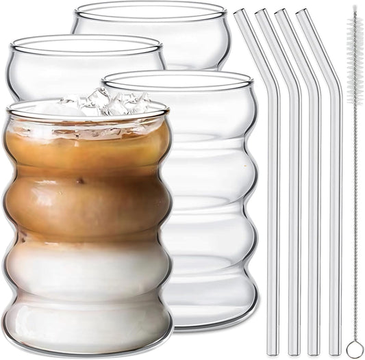 4 Pcs Drinking Glasses with Glass Straw 14oz Glassware Set,Cocktail Glasses,Iced Coffee Glasses,Beer Glasses,Ideal for