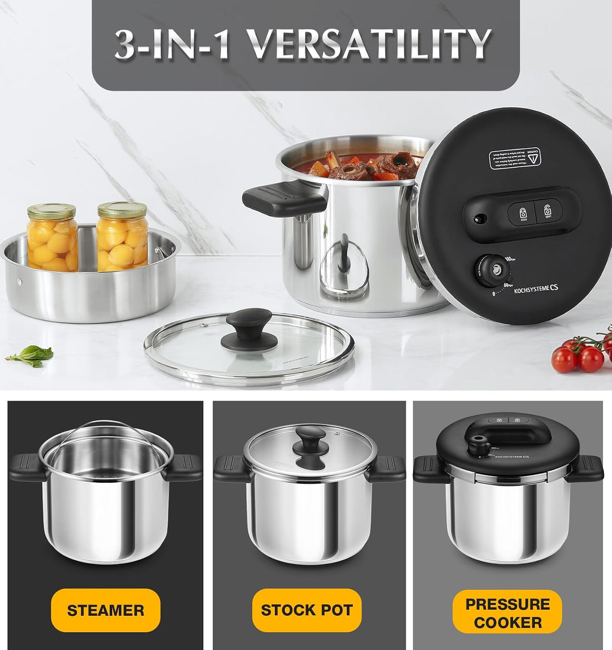 KOCH SYSTEME CS Stainless Steel Pressure Cooker 8.5 Quart, Olla de Presion, 3 PSI Settings, 18/10 Stainless Steel Pressure Cooker, One-Press Lock Pressure Cookers, Induction Ready, Glass Lid & Steamer