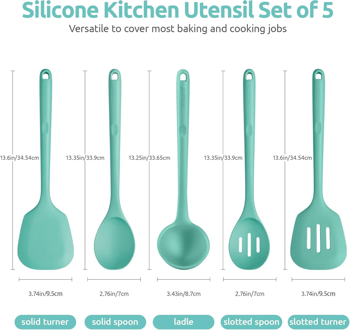 U-Taste Silicone Kitchen Cooking Utensil Set of 5, 13.6" Long, Aqua Sky | 600ºF Heat Resistant Food Grade Kitchen Tools&amp;Gadgets, Extra Long Wide Spatula Turner Spoon Ladle for Serving Mixing Stirring