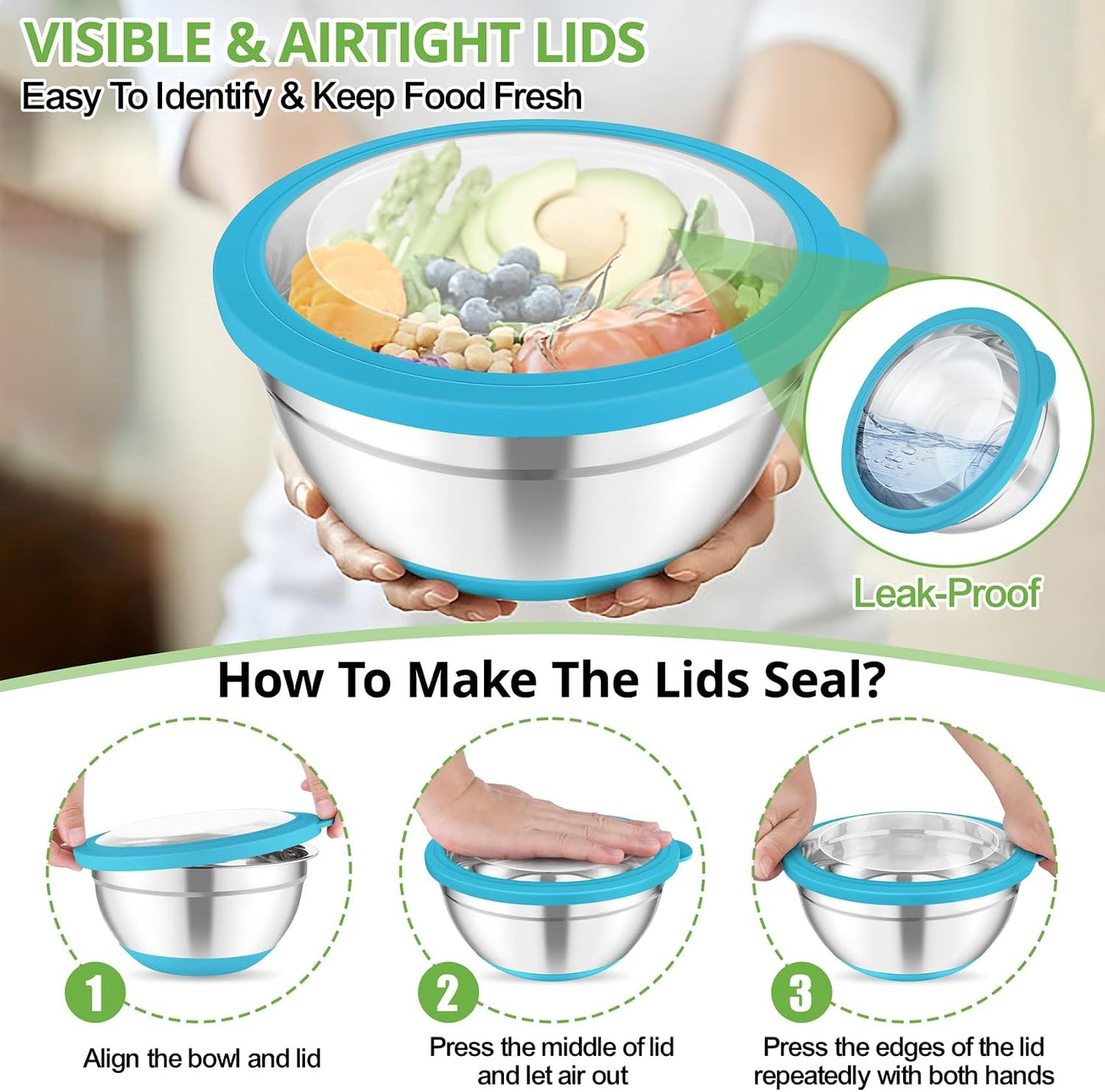 TeamFar Mixing Bowls, Salad Bowls with Transparent Airtight Lids, Colorful | 5PCS Stainless Steel Serving Bowls For Kitchen Mixing/Baking/Storing/Prepping, Non-Slip Bottom - 4.6/3.5/1.5/1 / 0.7 QT