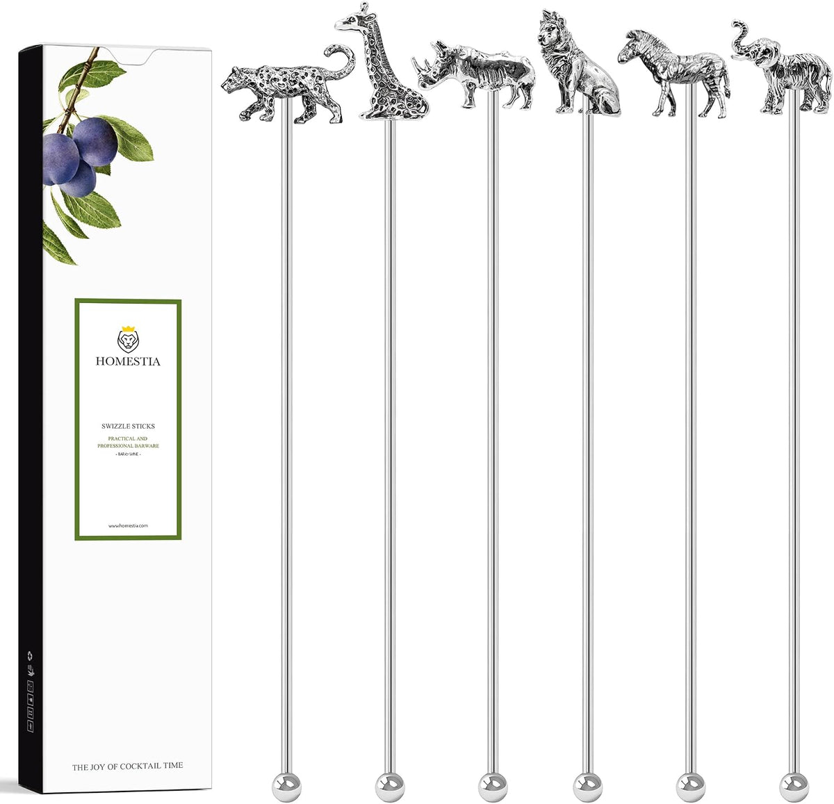 Homestia 6 Pcs 7.5'' Metal Stir Sticks, Cocktail Stirrers, w/Animal Decor | Reusable Stainless Steel Coffee Stirrers, Zinc Alloy Wildlife Head Beverage Drink Stirring Set for Bar Restaurant Home Use
