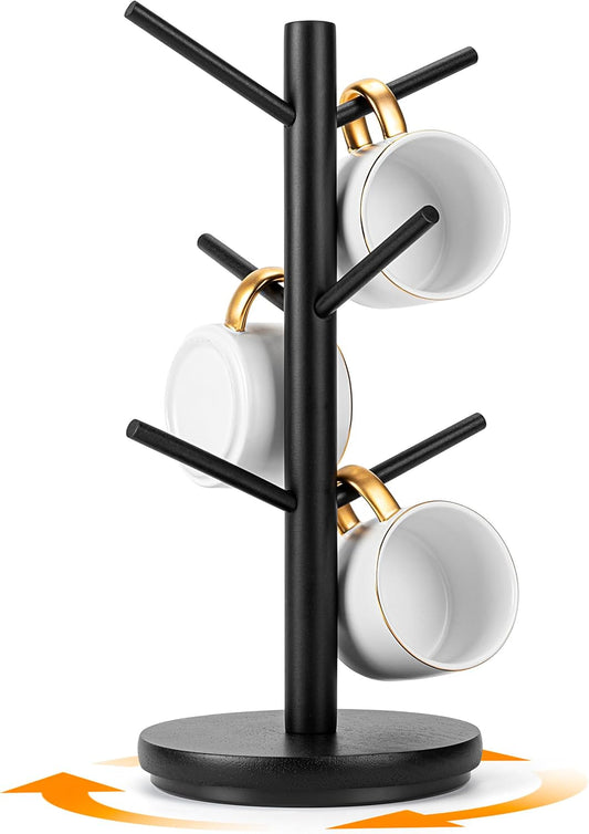 MyLifeUNIT Mug Holder Tree, 360° Rotated Coffee Cup Holder with 6 Hooks, Wooden Coffee Mug Holder Organizer for Counter Top,