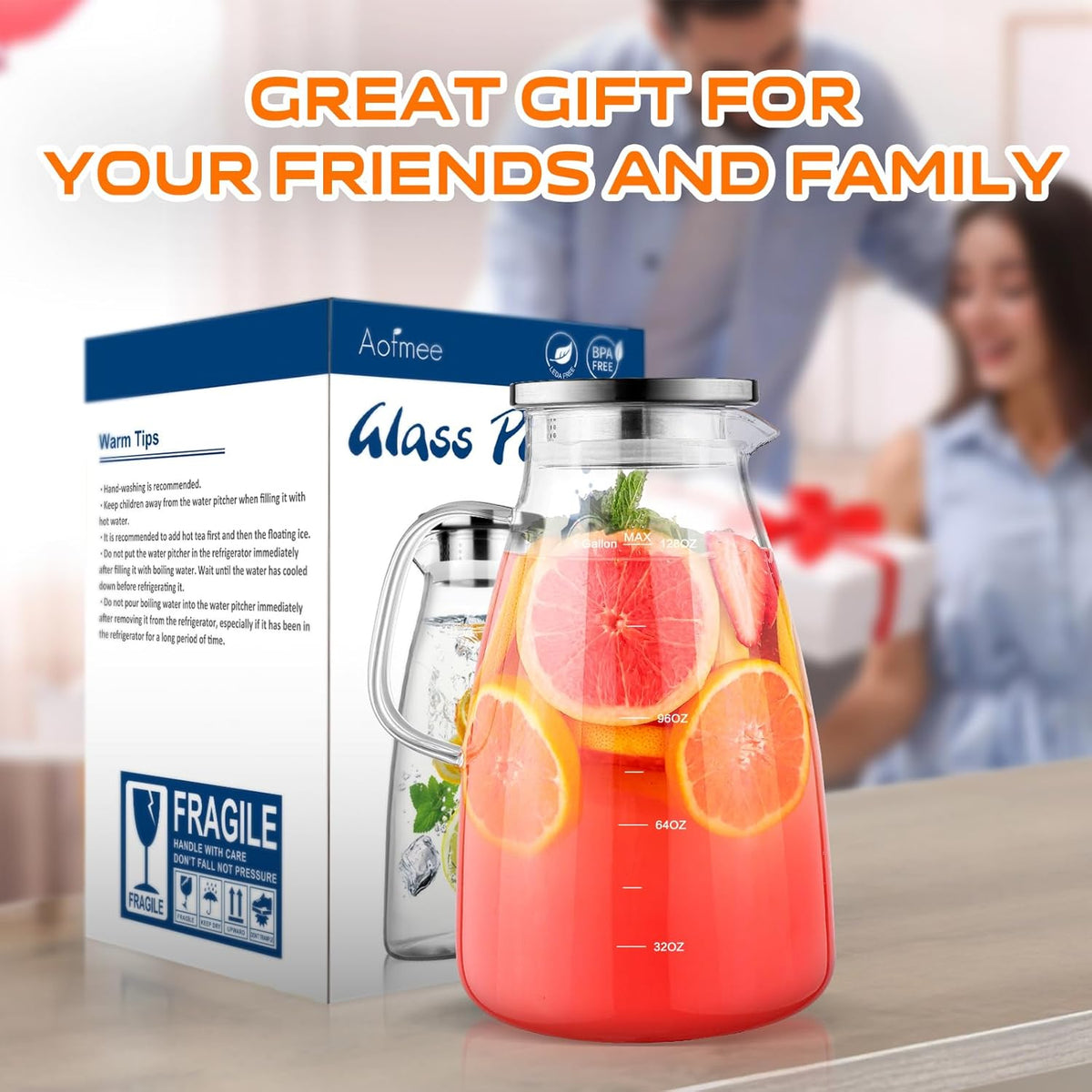 Aofmee Glass Pitcher with Lid and Handle, Glass Water Pitchers, 1 Gallon | Thickened Borosilicate Glass Iced Tea Pitcher, Drip-free Spout, Heat Resistant, Stovetop Dishwasher Safe Jug Jar