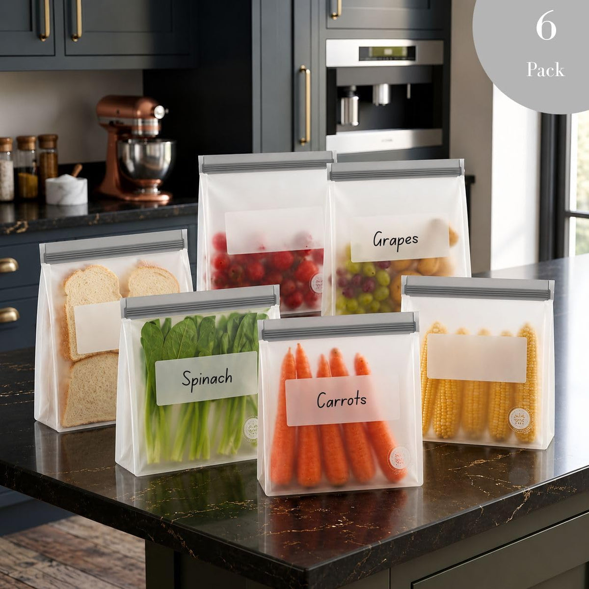 Reusable Silicone Food Storage Bags – 6-Pack Stand-Up, BPA-Free, Freezer, Dishwasher Safe & Eco-Friendly – 6 Gallon Bags – Airtight Leakproof, Organization and Storage Baggies (Grey)