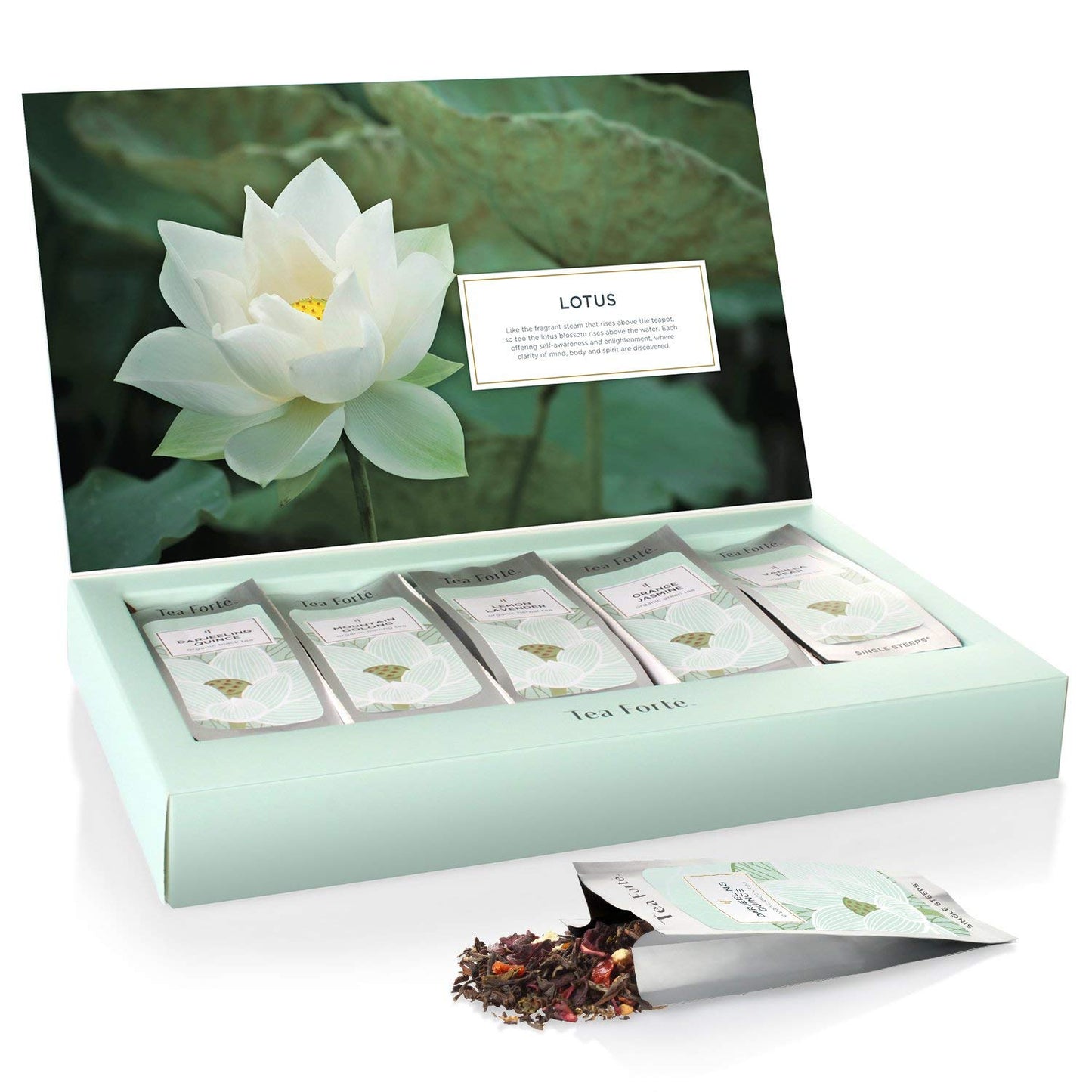 Tea Forte Lotus Single Steeps Loose Leaf Premium Tea Gift Set Sampler, 15 Count 3 of Each Assorted Blends, Pre-Portioned Single Serve Pouches, Steeps 12 oz