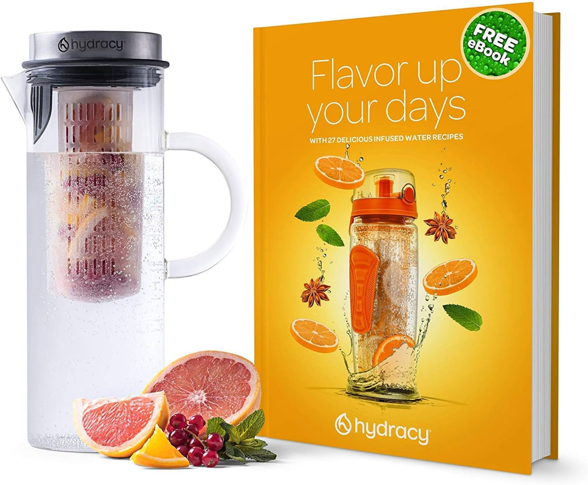 Hydracy Cold Brew Coffee Pitcher,Borosilicate Glass Iced Tea Maker 52oz | BPA-Free,Fruit Infusion Tube,Stainless Steel Lid,Thermal Resistant,Dishwasher Safe,Fits Fridge Door for Home &amp; Office