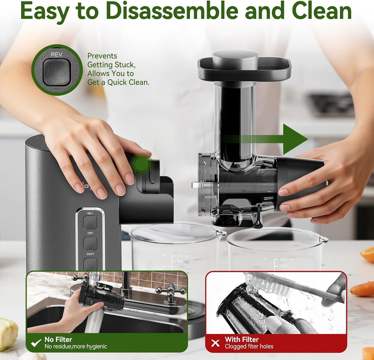 Juicer Machine,Slow Masticating Juicer with 2 Speed Modes & Quiet Motor,Cold Press Juicer Machines Vegetable and Fruit with Reverse Function,Celery Juicer,BPA-Free,Easy to Clean