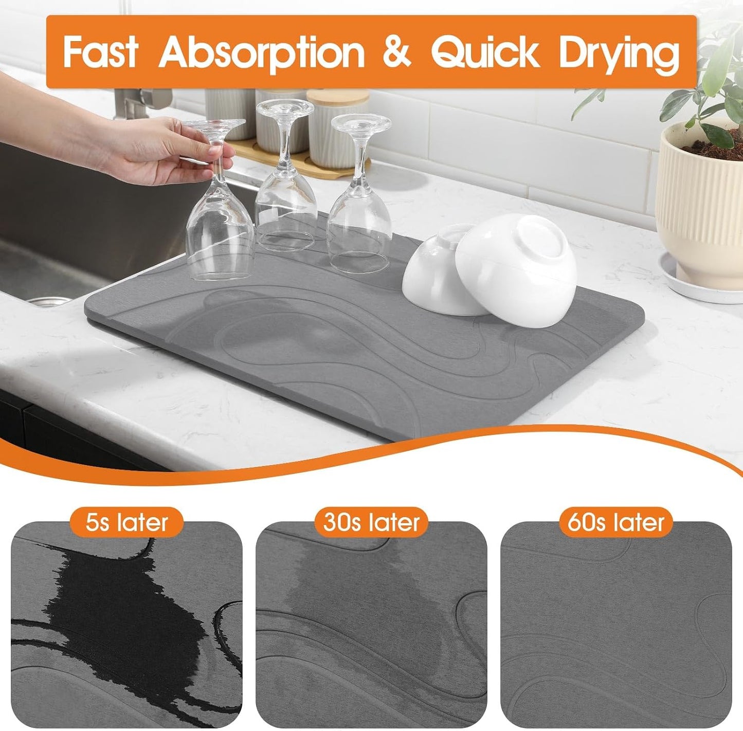 Snuggery Stone Drying Mat for Kitchen Counter 18"x14" (Dark Grey) | Natural diatomaceous earth, fast absorption, quick drying, one-piece design for dishes or under dish racks, non-slip base
