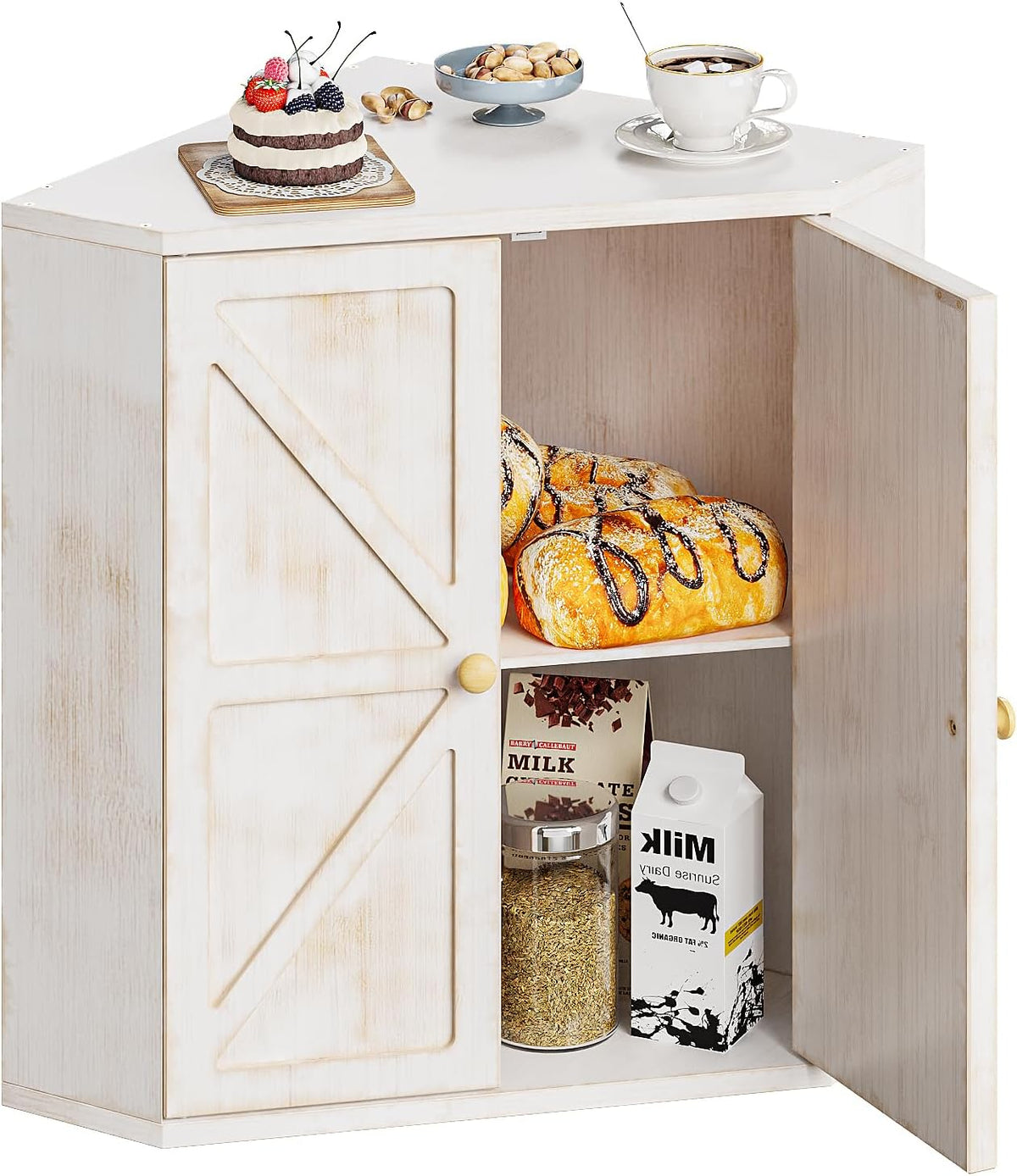 Corner Bread Box for Kitchen Counter Double Layer Bamboo Bread Storage Container Large Capacity Bread Storage Bin Farmhouse Breadbox Organizer
